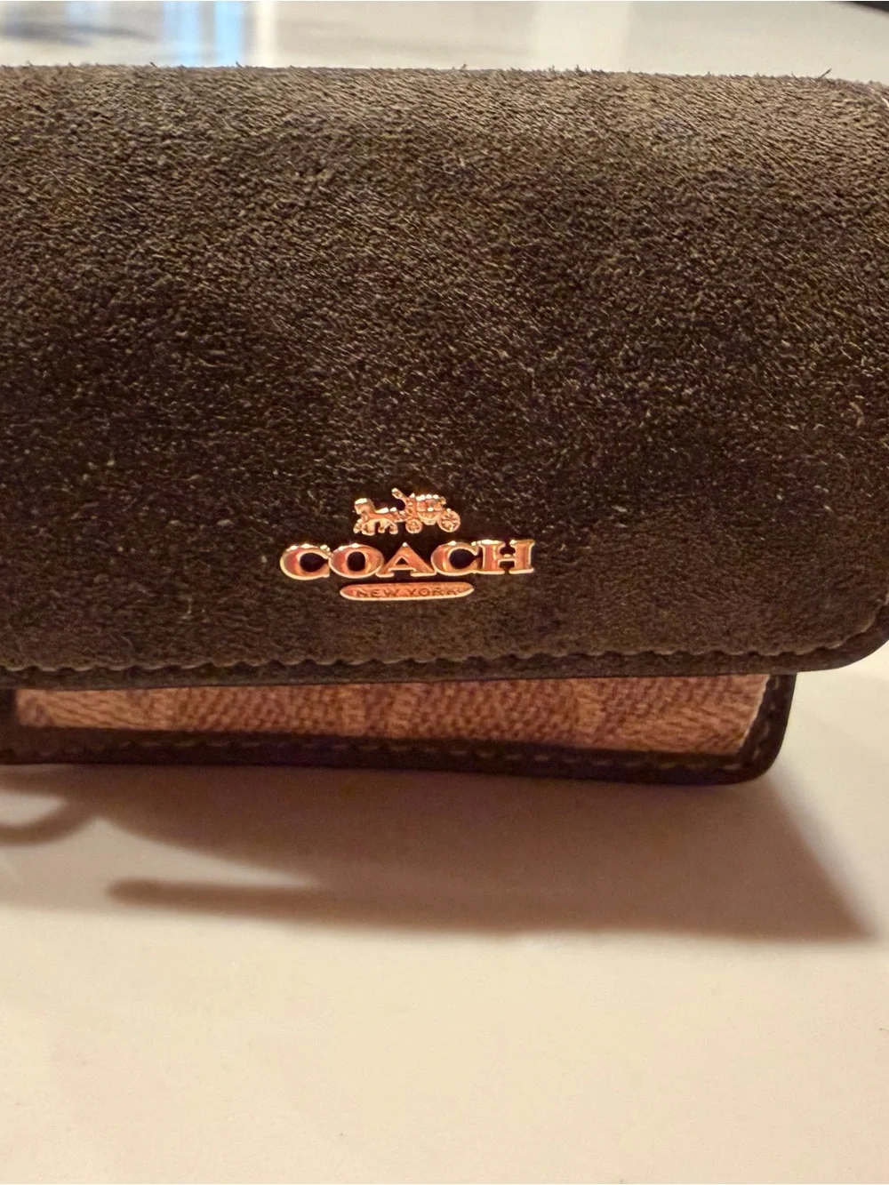 Mini NWT Coach Pocket Wallet in Olive green Suede with Signature Canvas - Picture 2 of 8